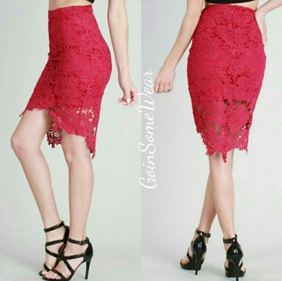 Dresses & Skirts - Raspberry Embroidered Crochet Pencil Skirt Size: Large